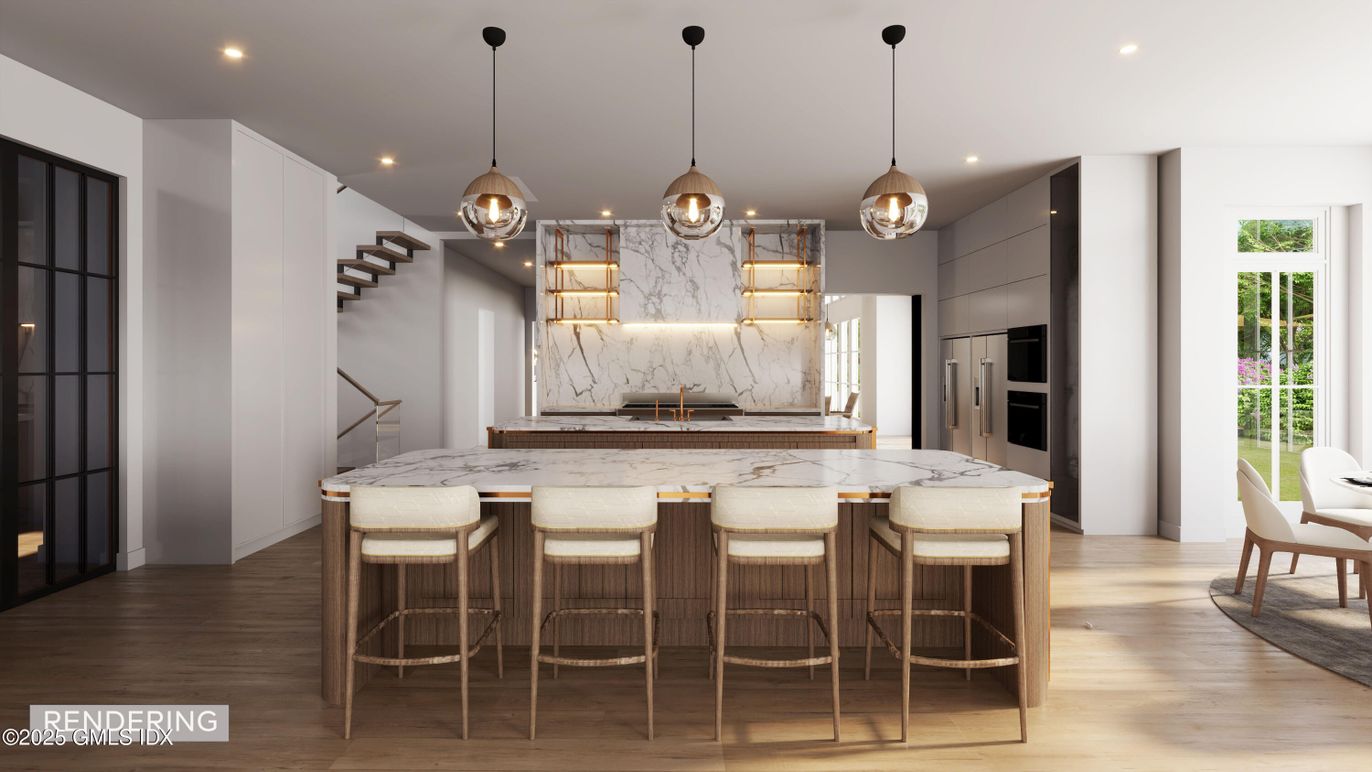 Interior, Kitchen, Marble Walls, Pendant Lights, Recessed Lighting, Stainless Steel Appliances, Wood Texture Flooring