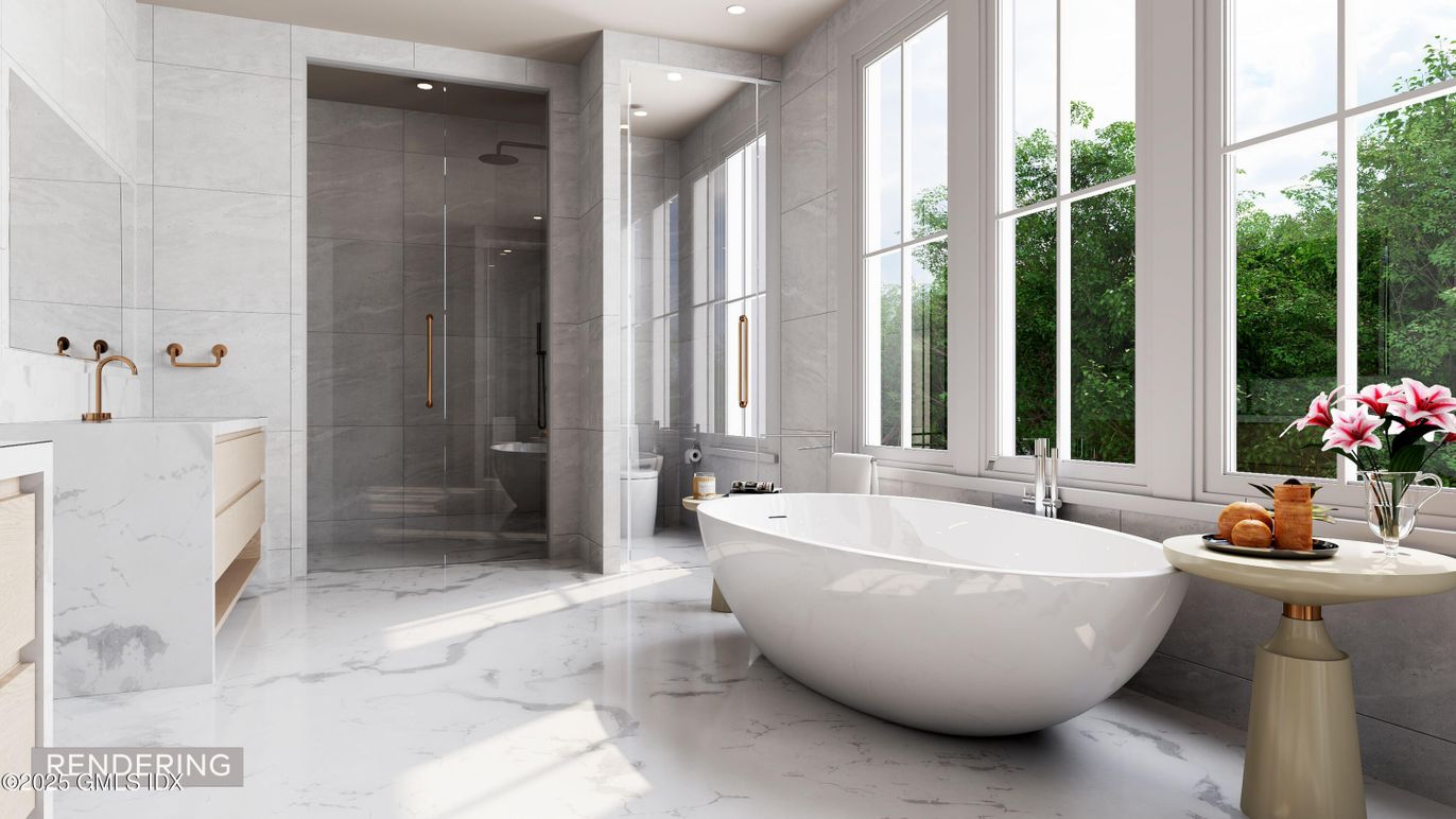Bathroom, Free Standing Baths, Glass Shower, Interior, Marble, Marble Walls, Recessed Lighting