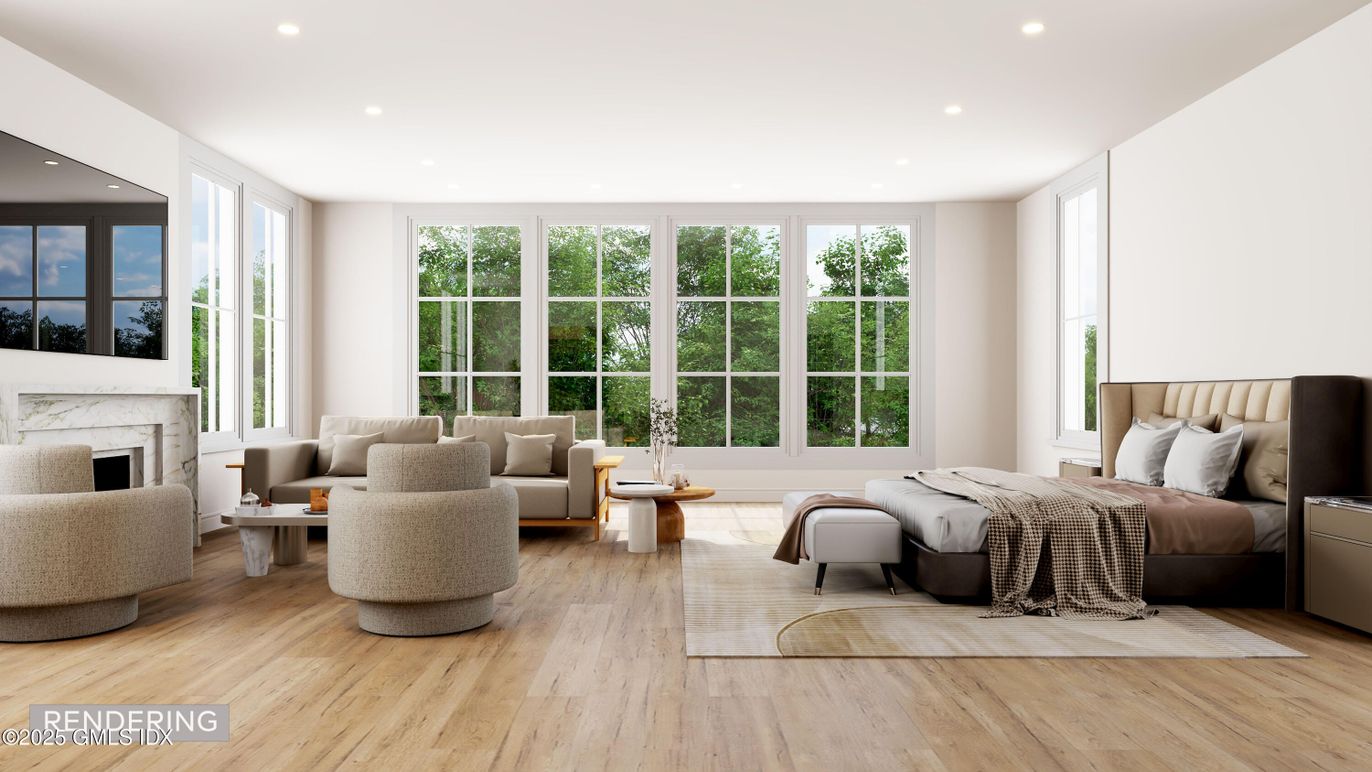 Bedroom, Fireplace, Interior, Recessed Lighting, Wood Texture Flooring