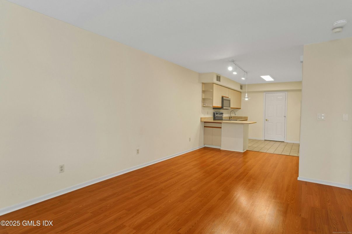 Empty room, Interior, Kitchen, Recessed Lighting, Wood Texture Flooring