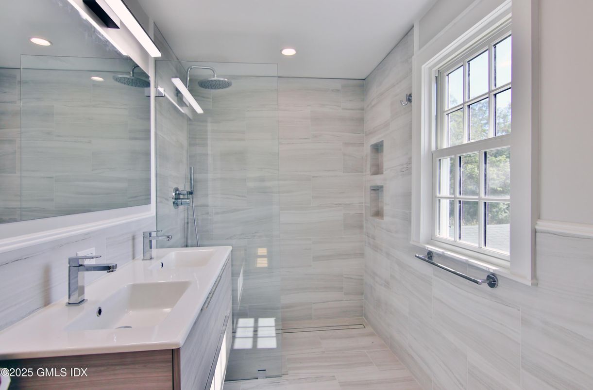 Bathroom, Dual Sink Vanities, Glass Shower, Interior, Recessed Lighting, Wood Texture Flooring
