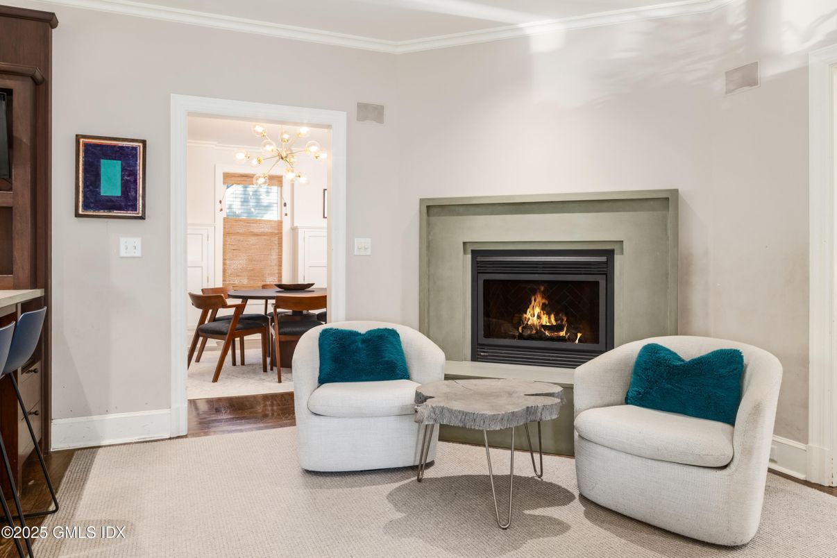 Dining room, Fireplace, Interior, Living room, Pendant Lights, Wood Texture Flooring