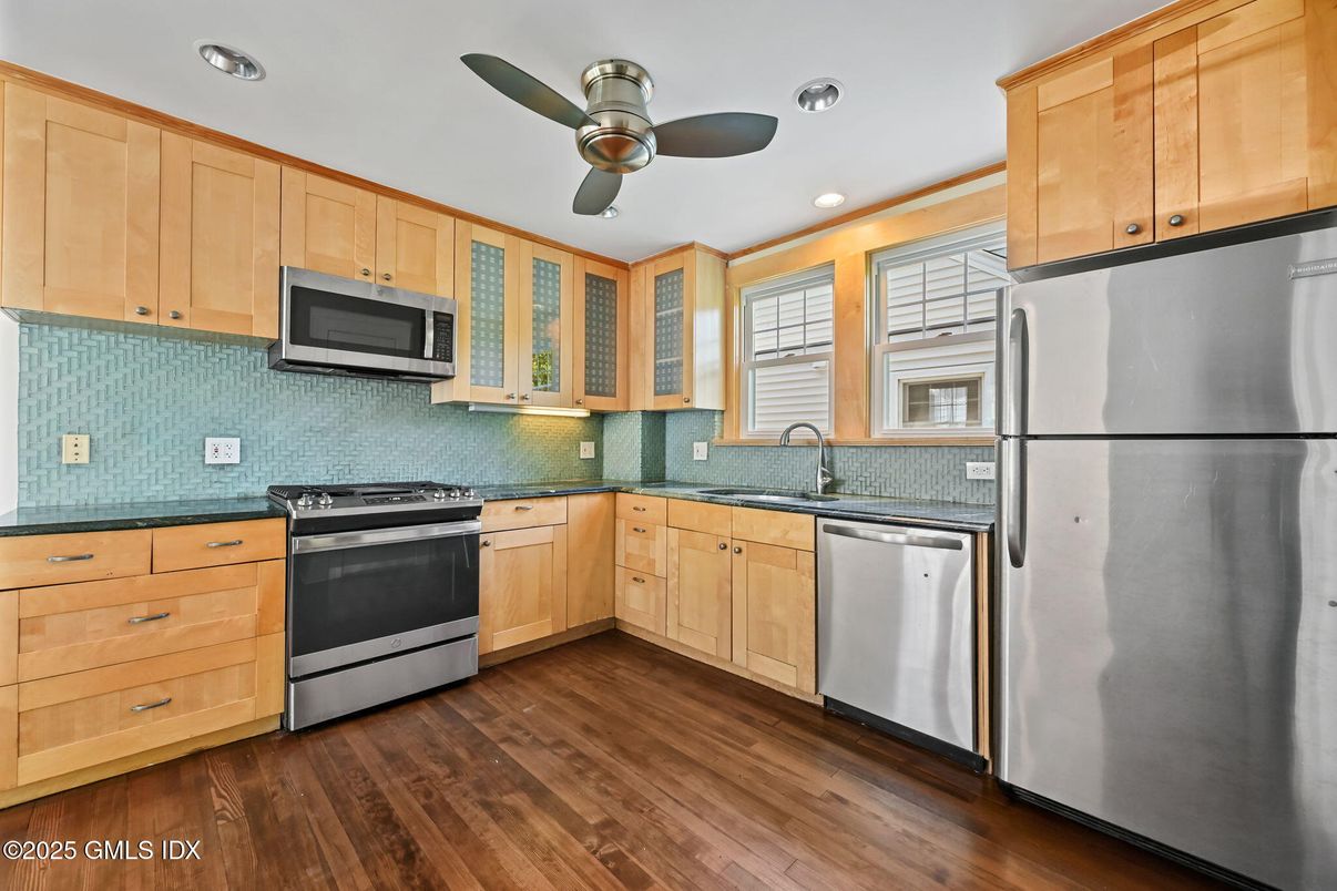 Interior, Kitchen, Recessed Lighting, Stainless Steel Appliances, Wood Texture Flooring