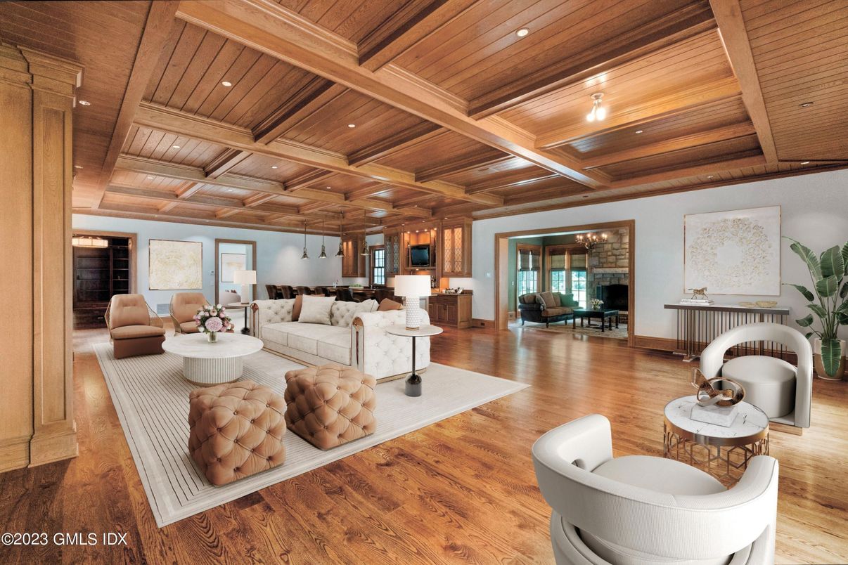 Fireplace, Interior, Living room, Recessed Lighting, Wooden Beams, Wooden Ceilings, Wood Texture Flooring