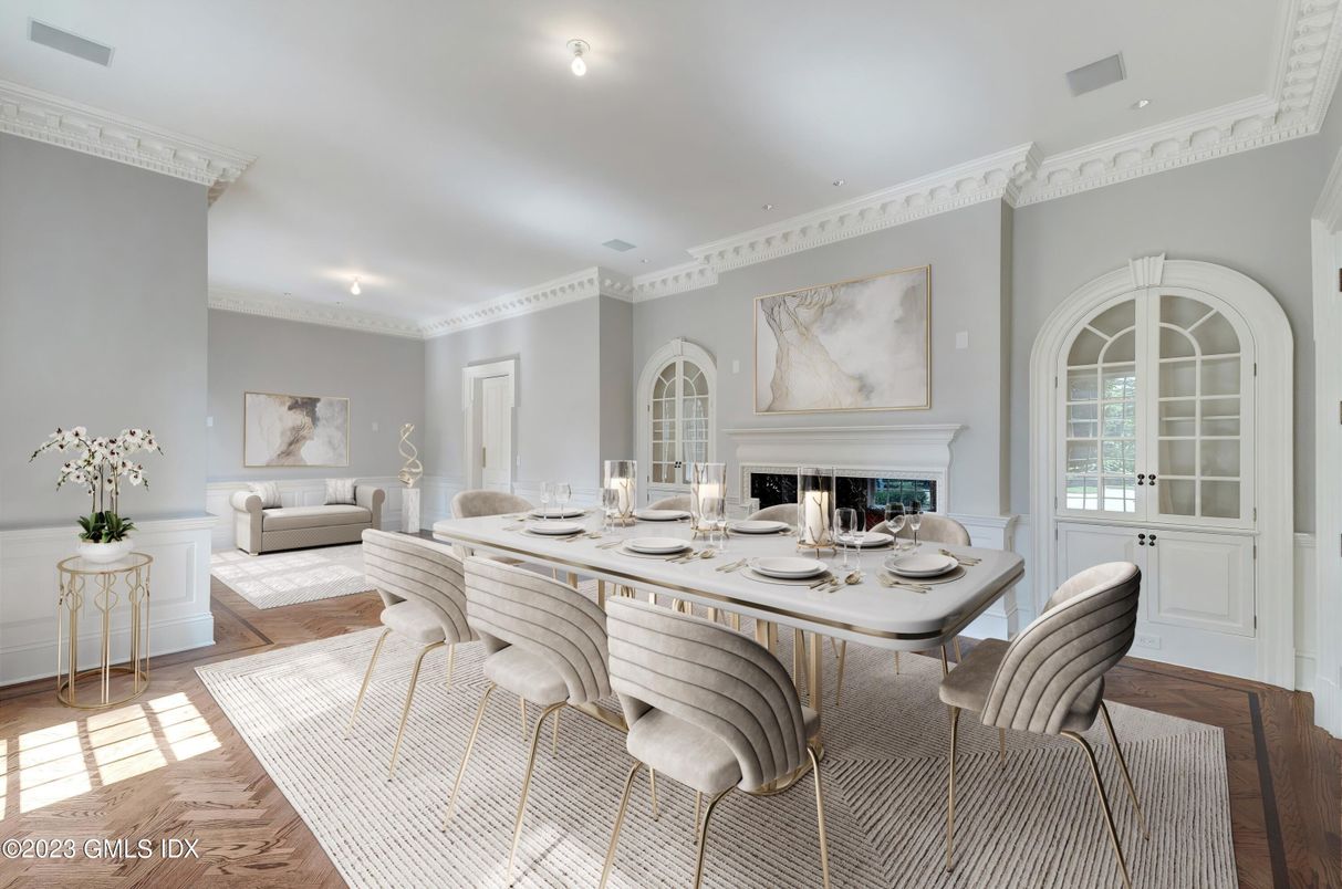 Dining room, Fireplace, Interior, Recessed Lighting, Wood Texture Flooring