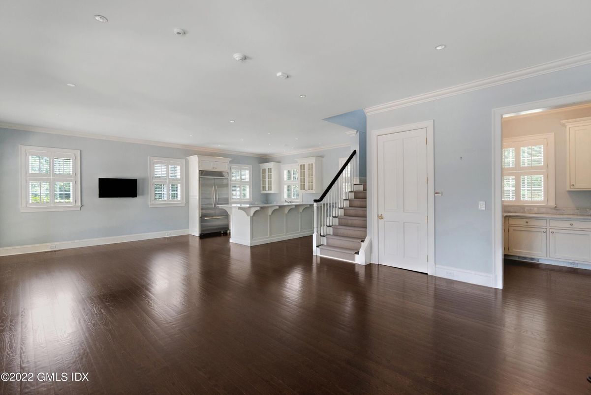 Empty room, Interior, Kitchen, Recessed Lighting, Wood Texture Flooring