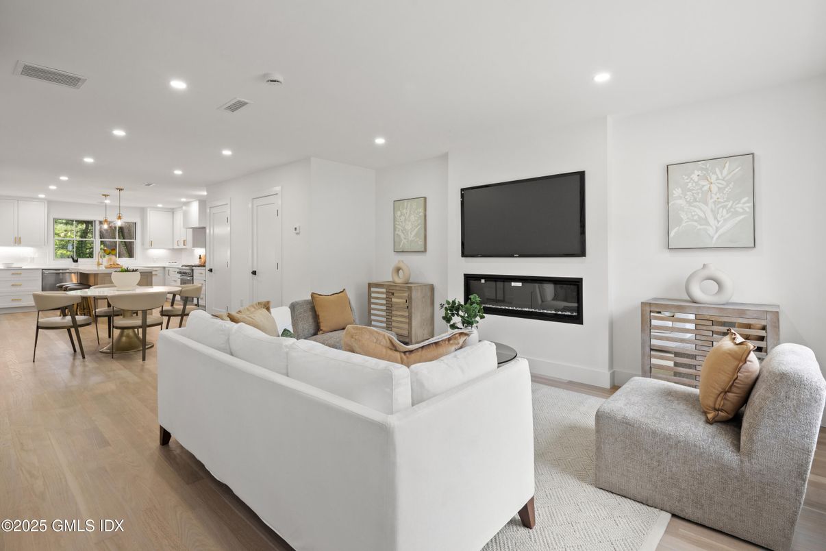 Dining room, Fireplace, Interior, Kitchen, Living room, Pendant Lights, Recessed Lighting, Wood Texture Flooring