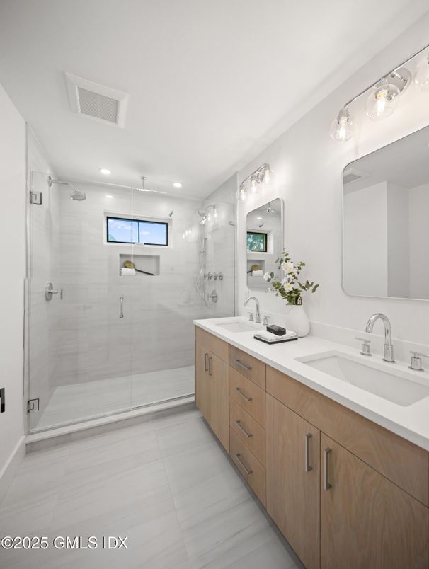 Bathroom, Dual Sink Vanities, Glass Shower, Interior, Recessed Lighting
