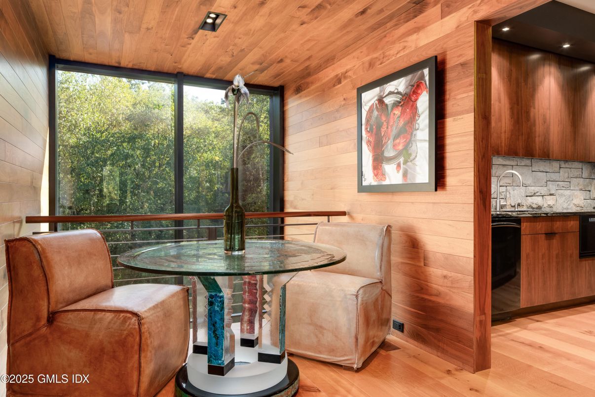 Dining room, Interior, Recessed Lighting, Wooden Ceilings, Wood Texture Flooring, Wooden Walls