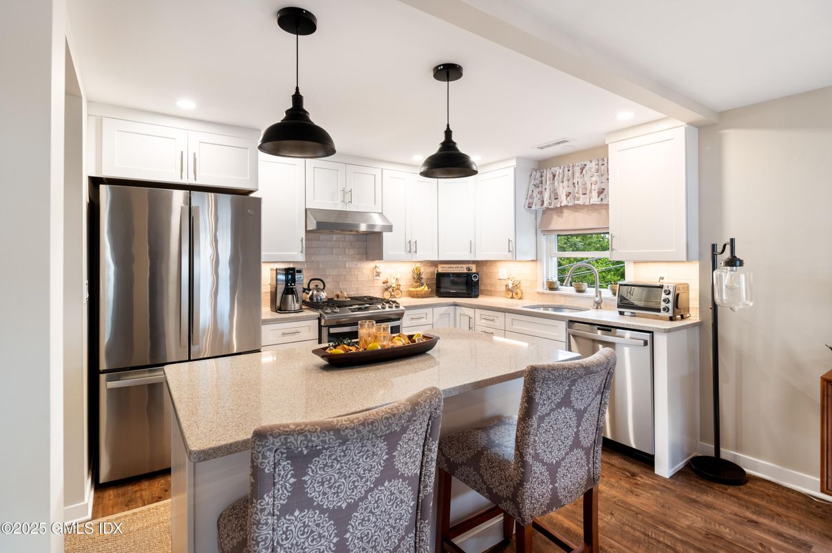 Interior, Kitchen, Pendant Lights, Recessed Lighting, Stainless Steel Appliances, Wood Texture Flooring
