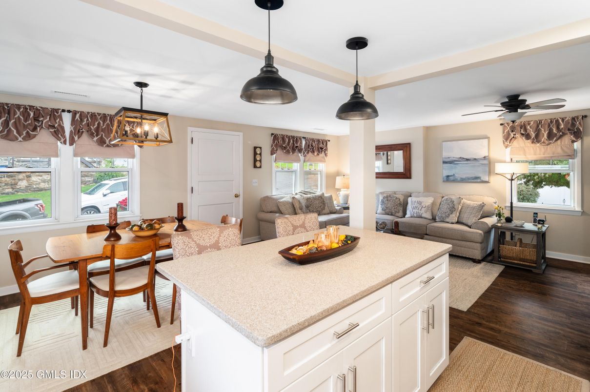 Dining room, Interior, Living room, Pendant Lights, Wood Texture Flooring