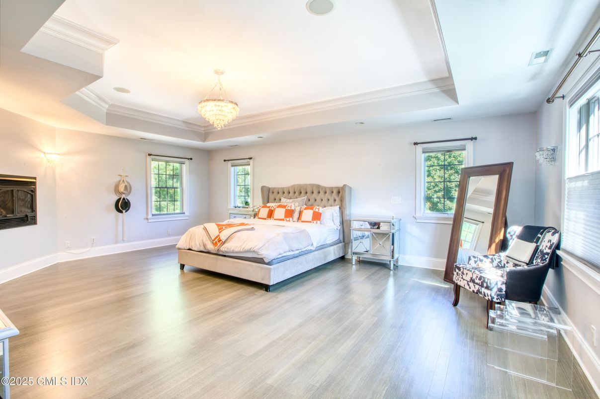 Bedroom, Chandelier, Interior, Recessed Lighting, Wood Texture Flooring