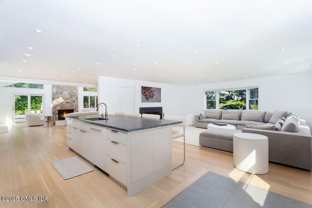 Fireplace, Interior, Kitchen, Living room, Recessed Lighting, Wood Texture Flooring