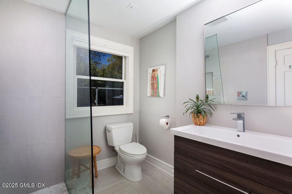 Bathroom, Glass Shower, Interior, Wood Texture Flooring