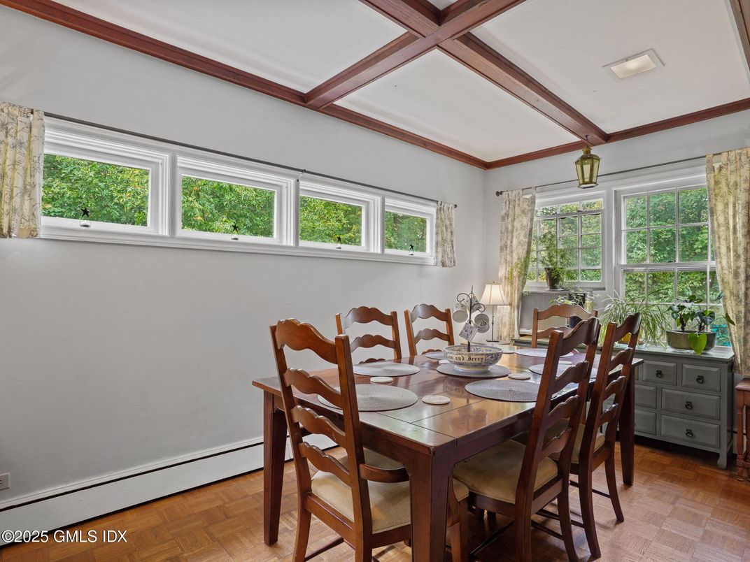 Dining room, Interior, Recessed Lighting, Wooden Beams, Wood Texture Flooring