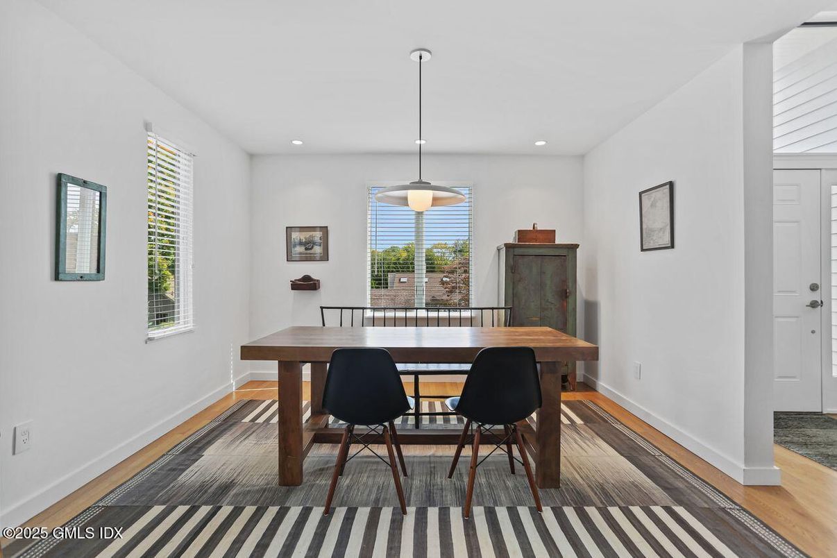 Dining room, Interior, Pendant Lights, Recessed Lighting, Wood Texture Flooring