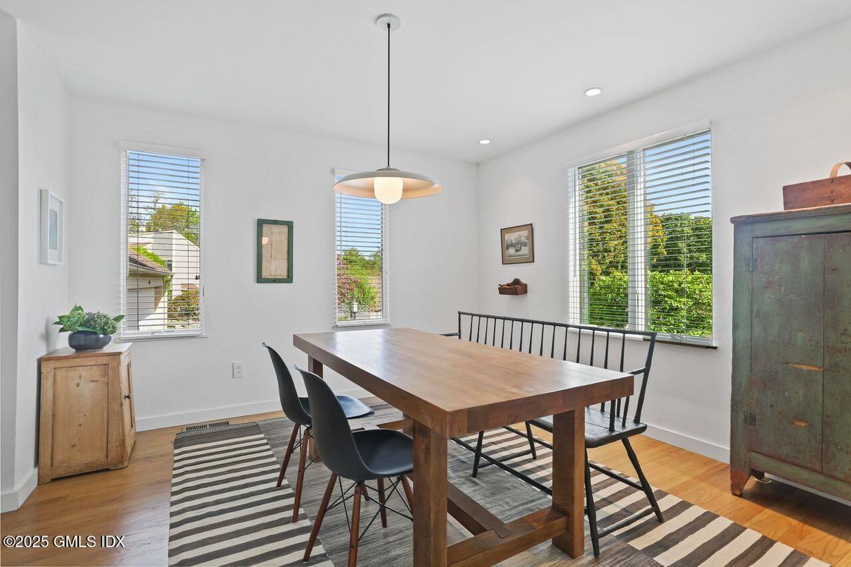 Dining room, Interior, Pendant Lights, Recessed Lighting, Wood Texture Flooring