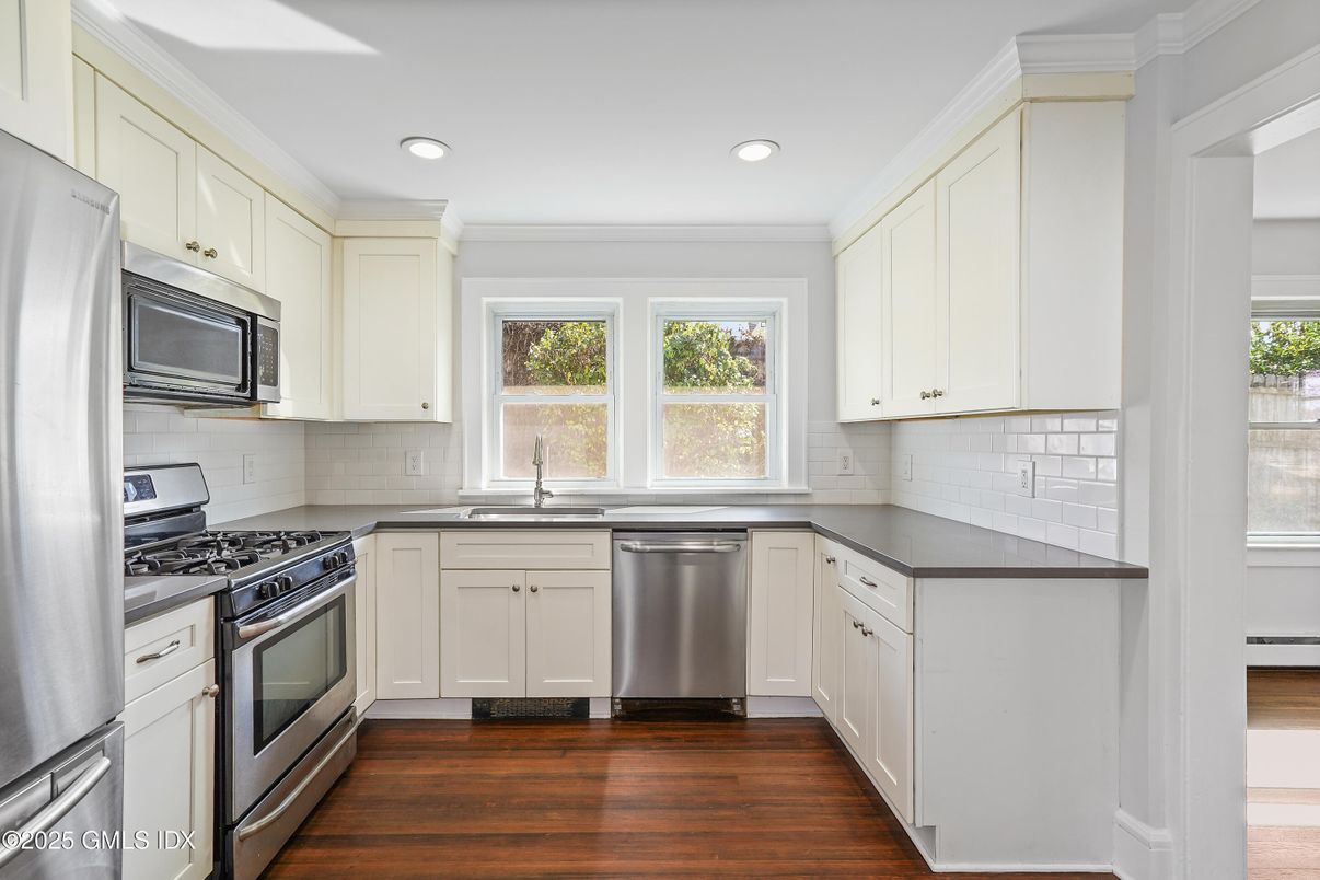 Interior, Kitchen, Recessed Lighting, Stainless Steel Appliances, Wood Texture Flooring