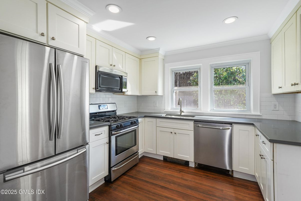 Interior, Kitchen, Recessed Lighting, Stainless Steel Appliances, Wood Texture Flooring