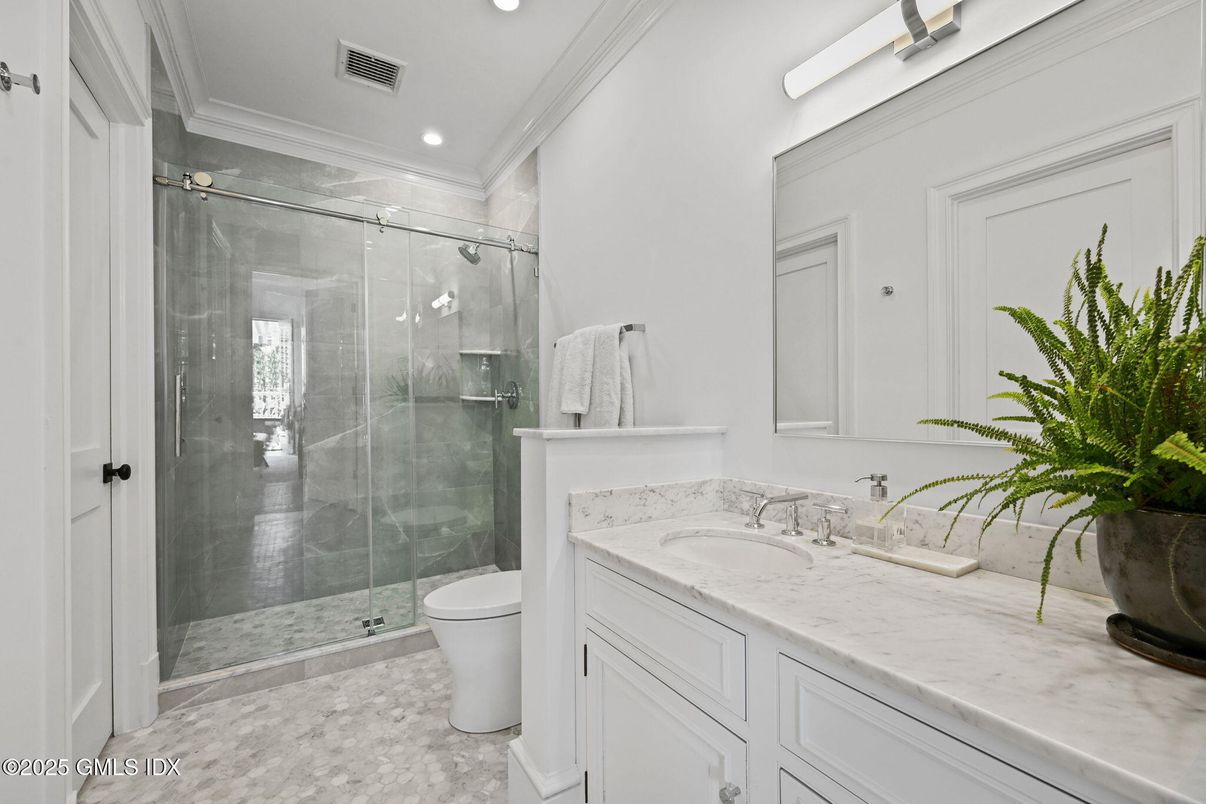 Bathroom, Glass Shower, Interior, Marble, Recessed Lighting