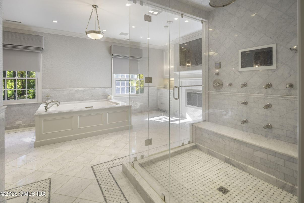 Bathroom, Glass Shower, Interior, Marble, Pendant Lights, Recessed Lighting