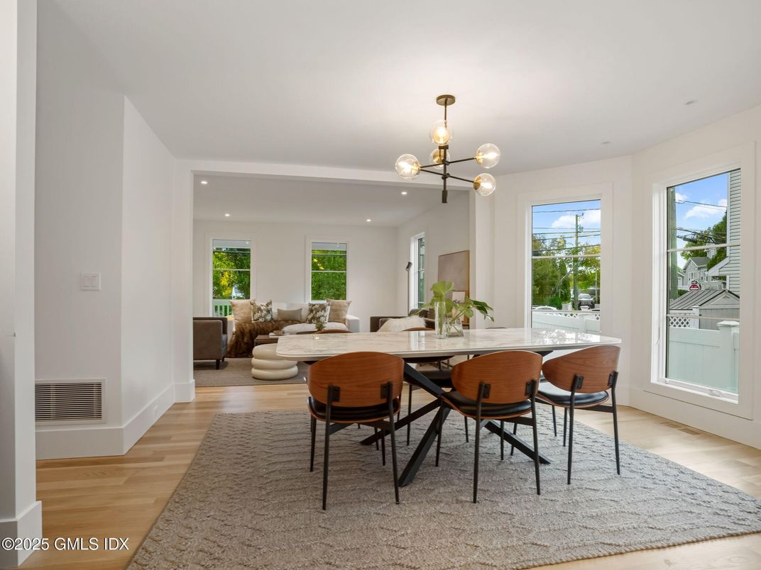 Dining room, Interior, Living room, Pendant Lights, Recessed Lighting, Wood Texture Flooring