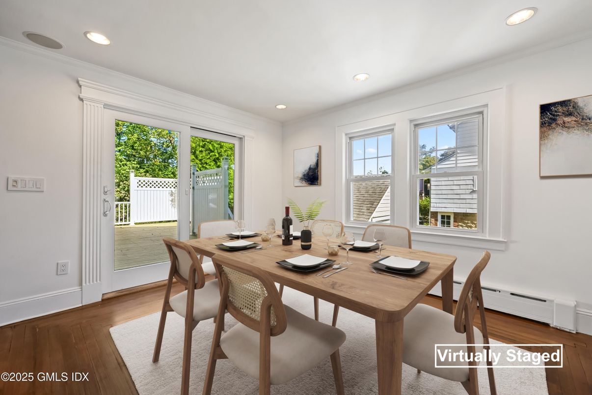 Dining room, Interior, Recessed Lighting, Wood Texture Flooring