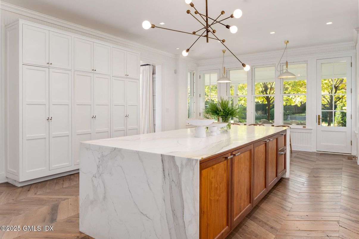 Interior, Kitchen, Marble Walls, Pendant Lights, Recessed Lighting, Wood Texture Flooring