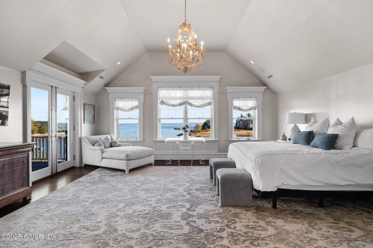 Bedroom, Chandelier, Interior, Recessed Lighting, Water, Wood Texture Flooring