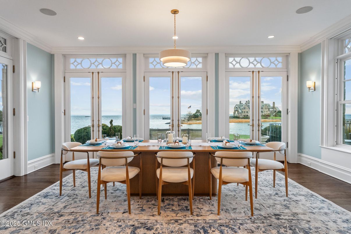 Dining room, Interior, Pendant Lights, Recessed Lighting, Water, Wood Texture Flooring