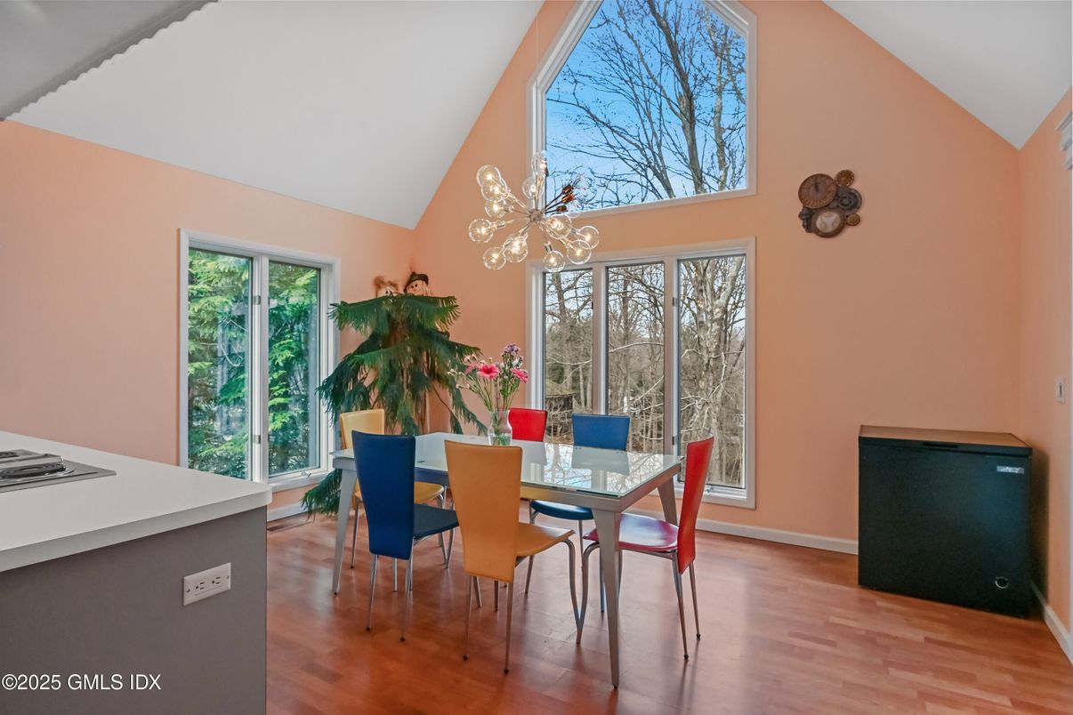 Dining room, Interior, Pendant Lights, Wood Texture Flooring