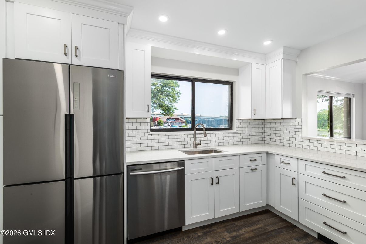 Interior, Kitchen, Recessed Lighting, Stainless Steel Appliances, Wood Texture Flooring