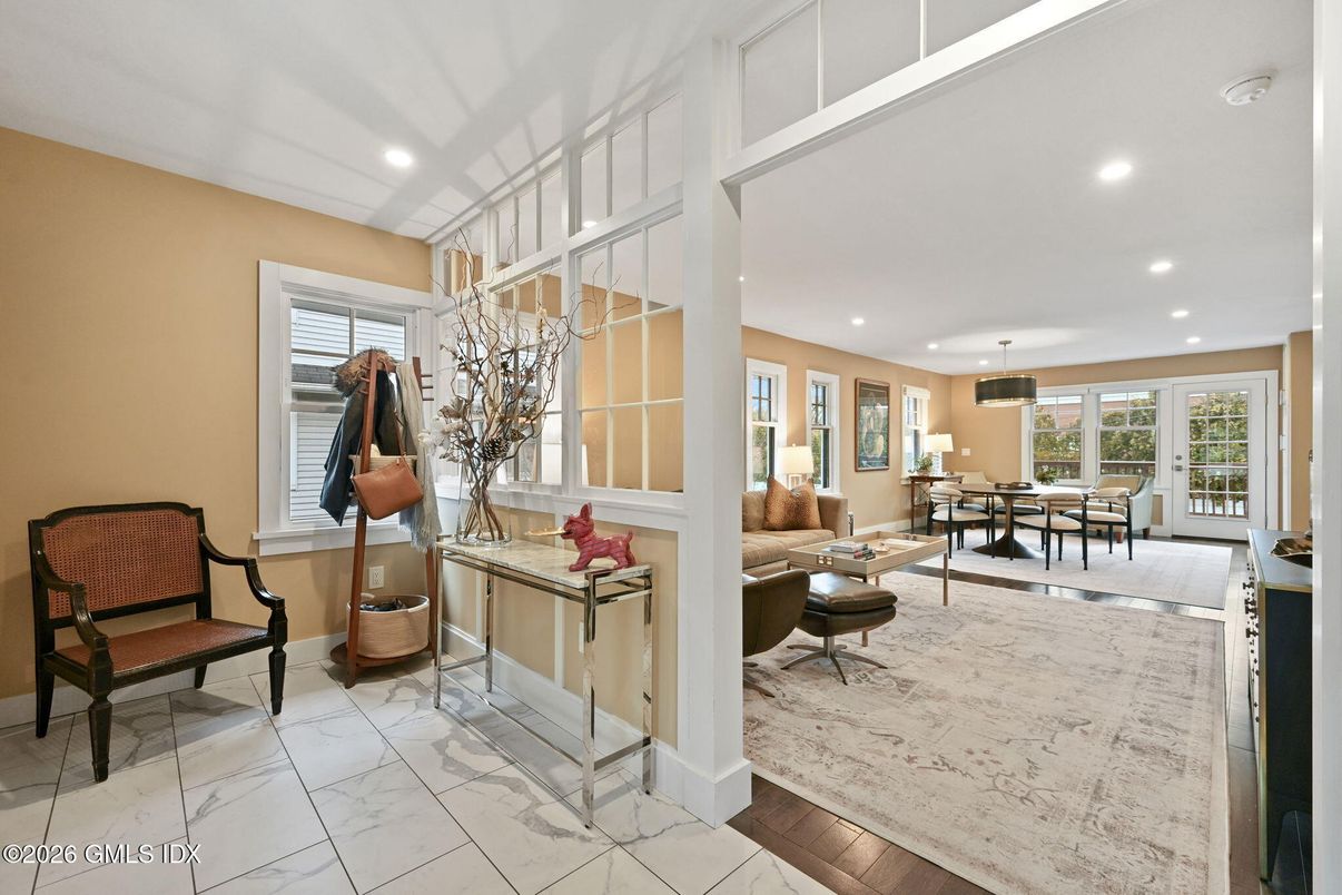 Dining room, Interior, Living room, Marble, Pendant Lights, Recessed Lighting, Wood Texture Flooring