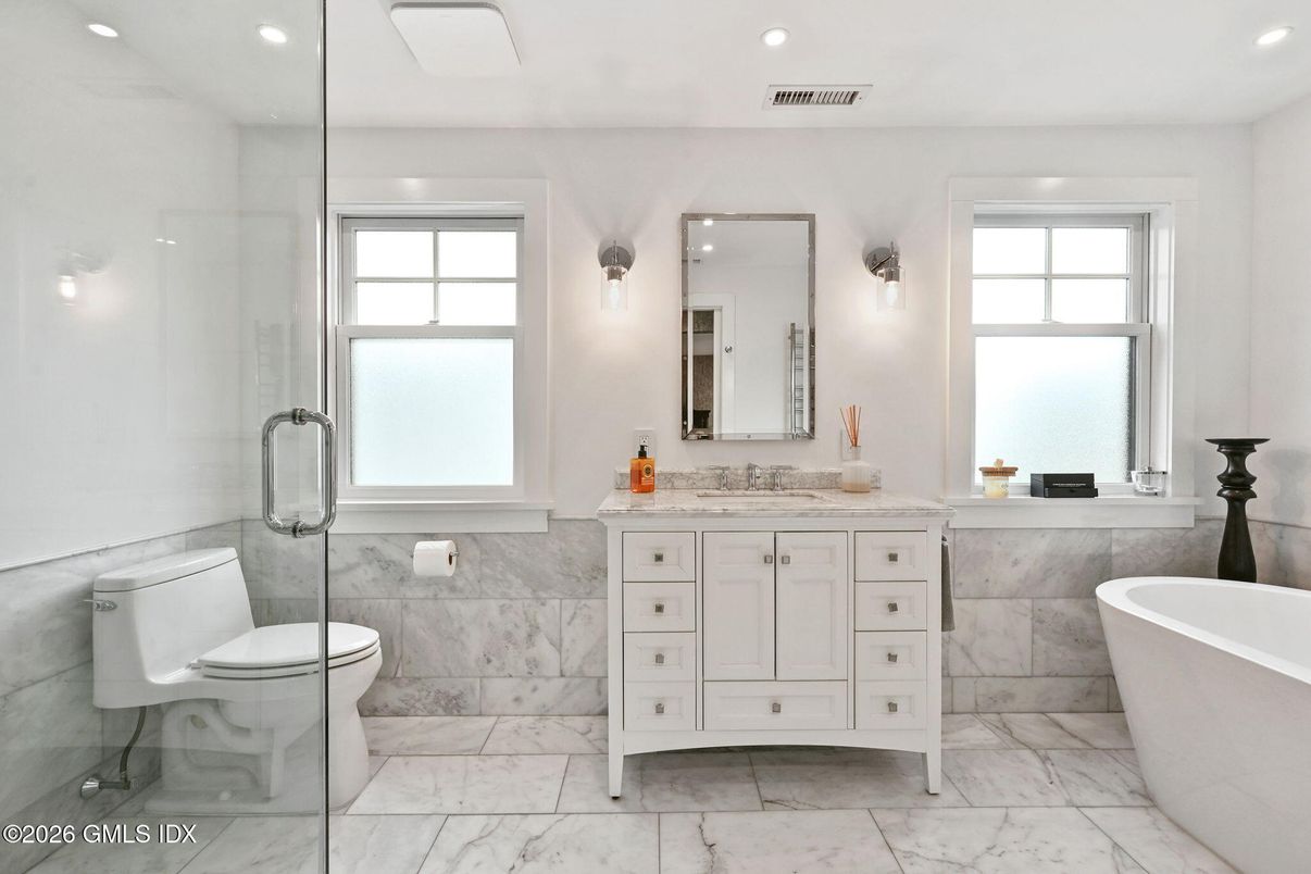 Bathroom, Dual Sink Vanities, Free Standing Baths, Glass Shower, Interior, Marble, Recessed Lighting