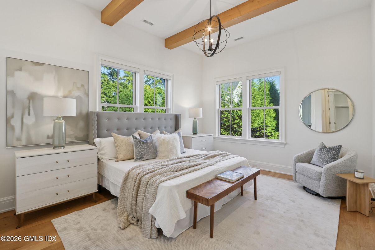 Bedroom, Interior, Pendant Lights, Recessed Lighting, Wooden Beams, Wood Texture Flooring