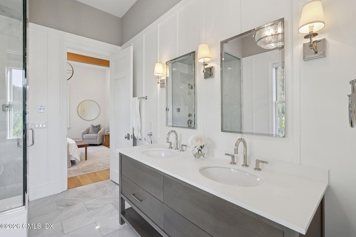 Bathroom, Bedroom, Dual Sink Vanities, Glass Shower, Interior, Marble, Wood Texture Flooring