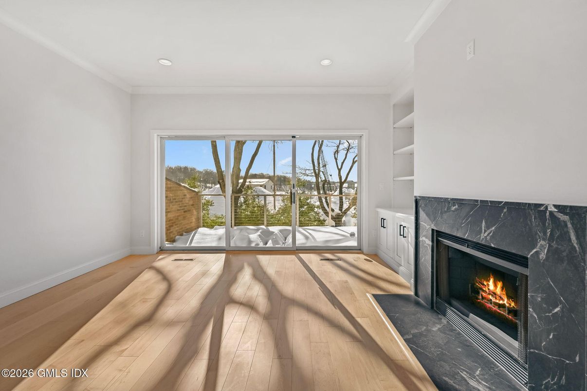 Empty room, Fireplace, Interior, Recessed Lighting, Wood Texture Flooring