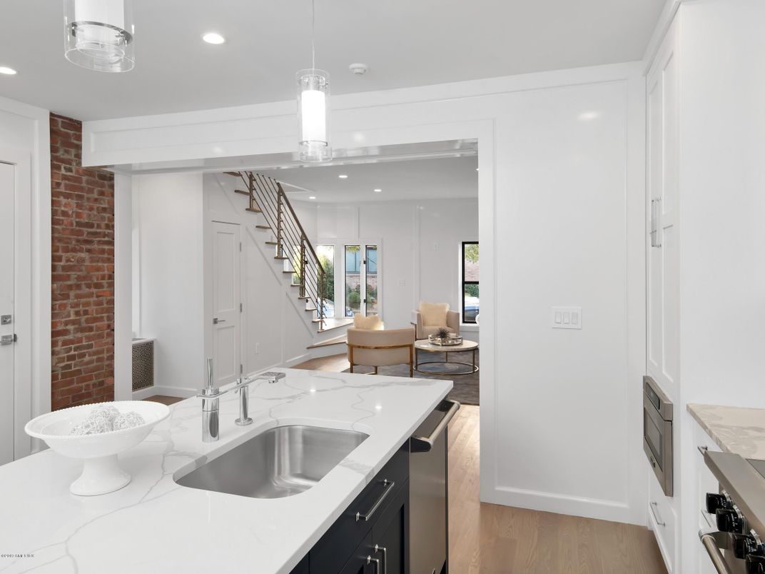 Interior, Kitchen, Pendant Lights, Recessed Lighting, Stone Walls, Wood Texture Flooring