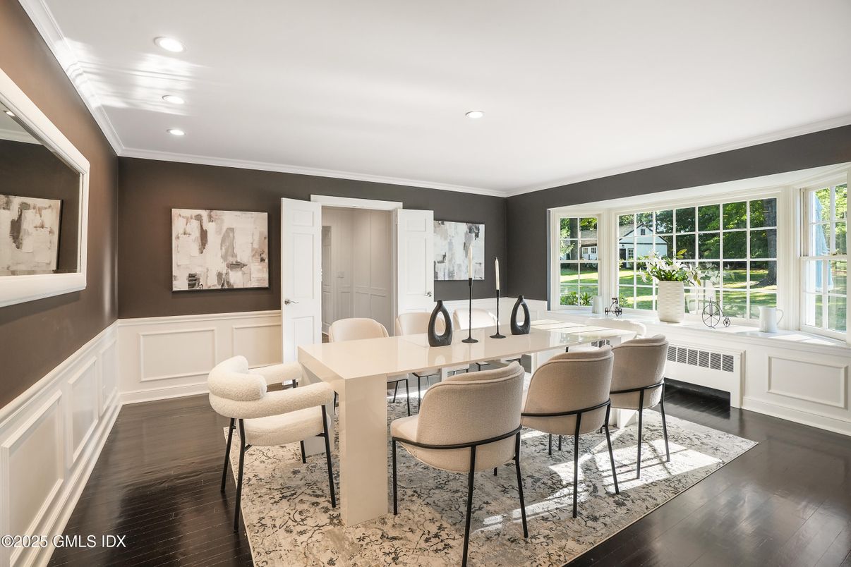 Dining room, Interior, Recessed Lighting, Wood Texture Flooring