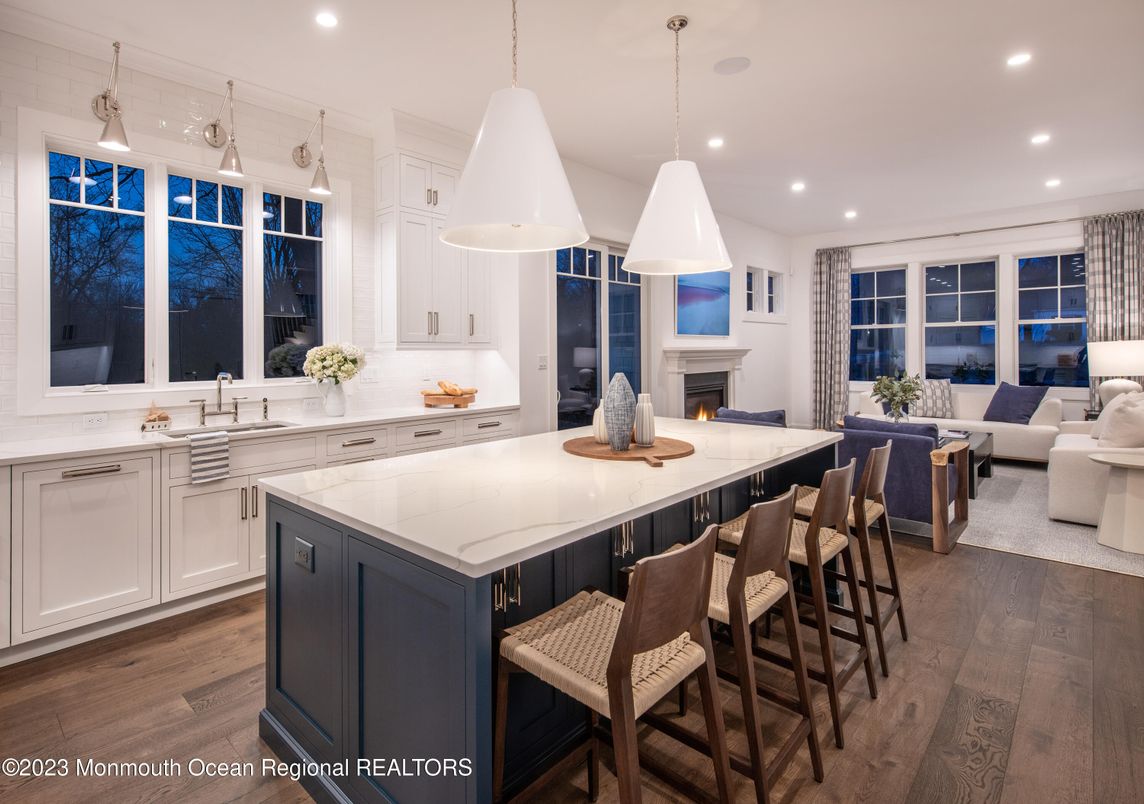 Fireplace, Interior, Kitchen, Living room, Pendant Lights, Recessed Lighting, Wood Texture Flooring