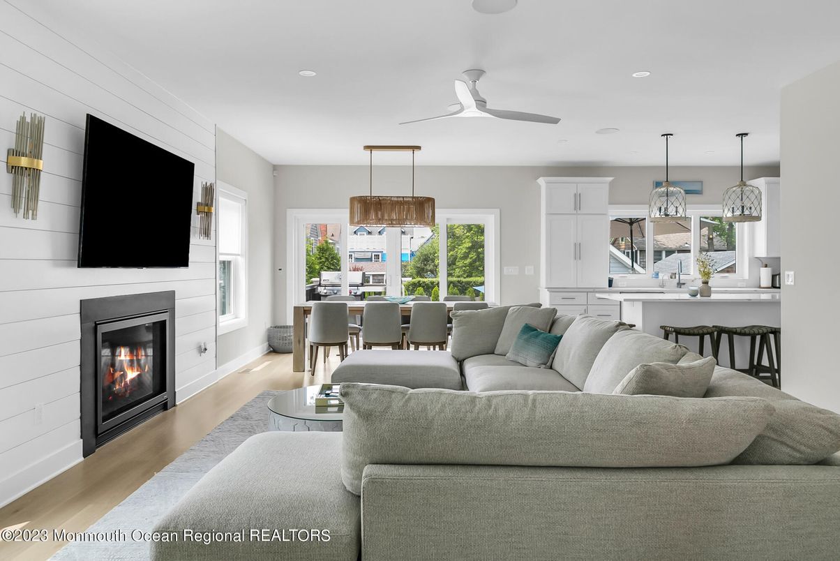 Dining room, Fireplace, Interior, Kitchen, Living room, Pendant Lights, Recessed Lighting, Wood Texture Flooring