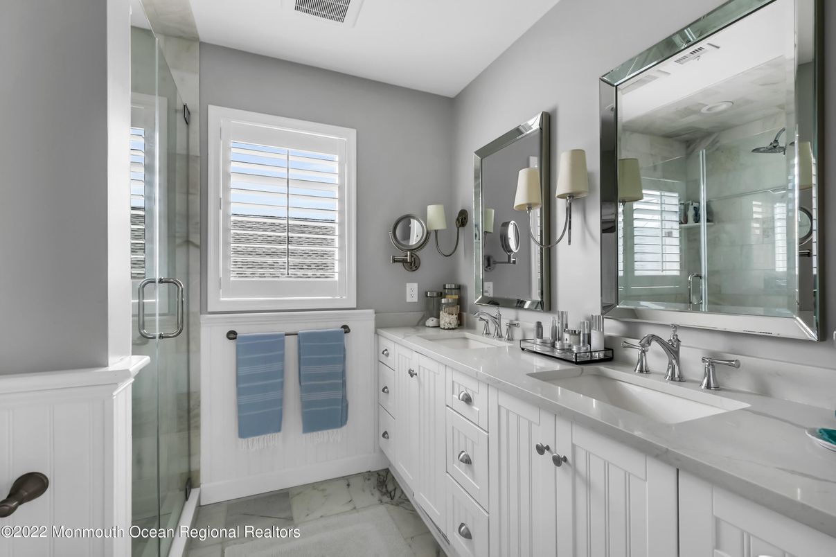 Bathroom, Dual Sink Vanities, Glass Shower, Interior, Marble