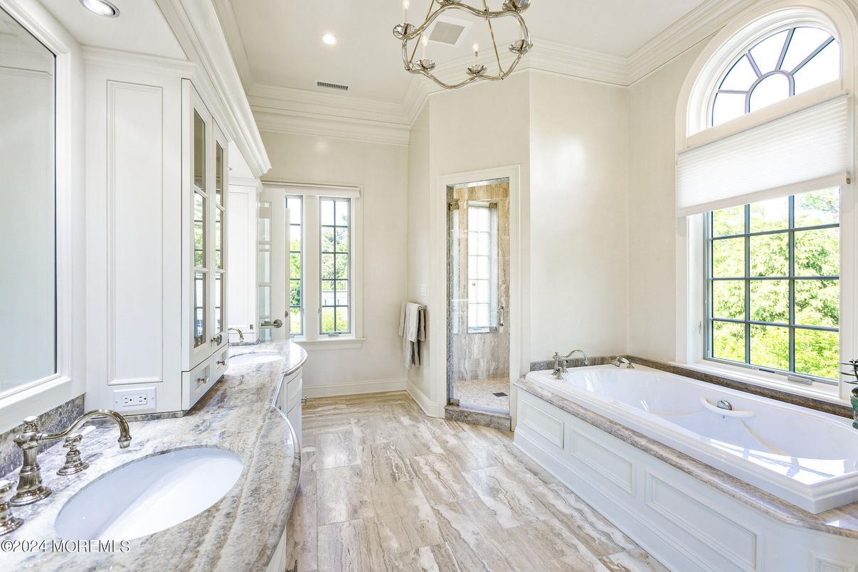 Bathroom, Dual Sink Vanities, Interior, Recessed Lighting, Wood Texture Flooring