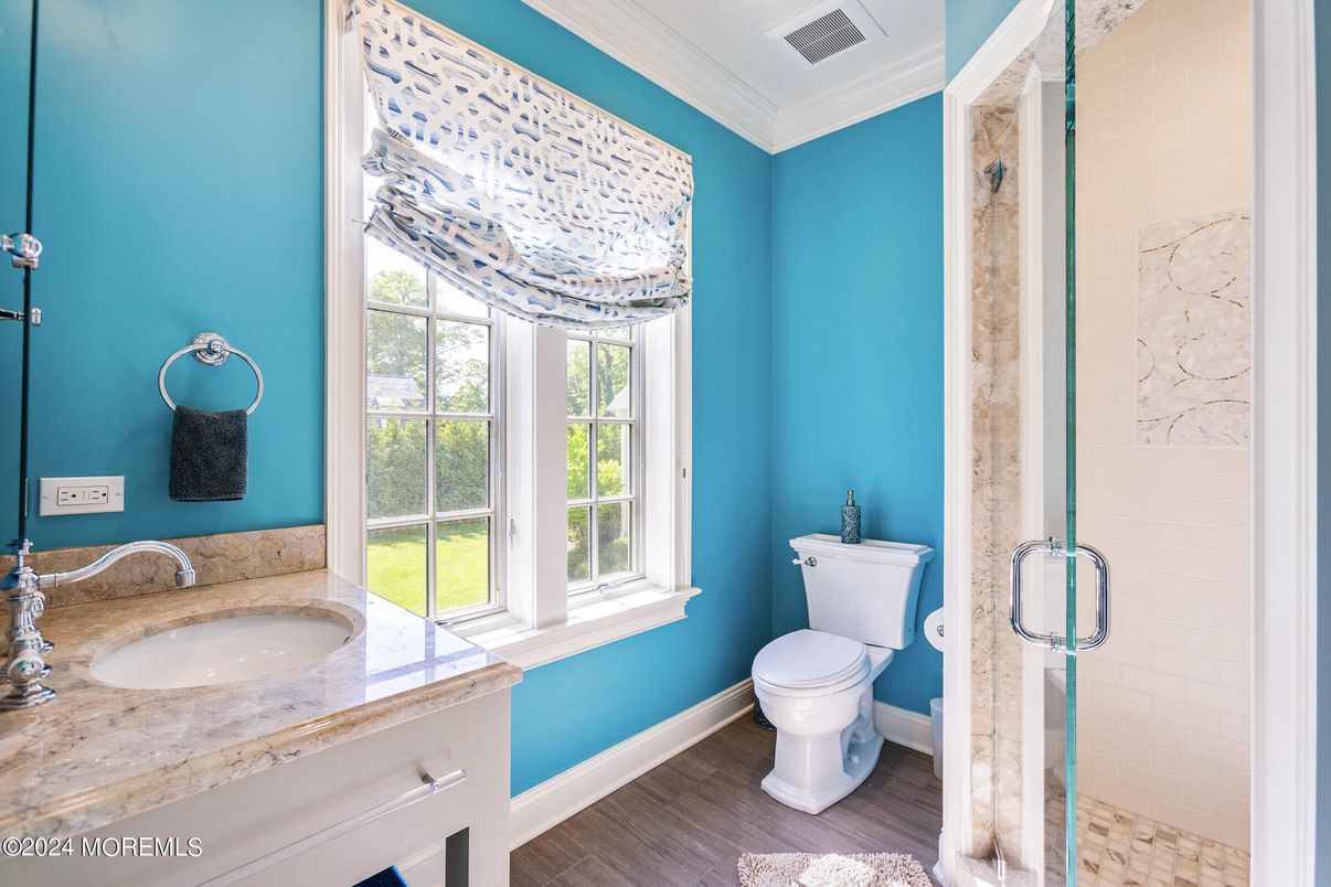 Bathroom, Glass Shower, Interior, Wood Texture Flooring