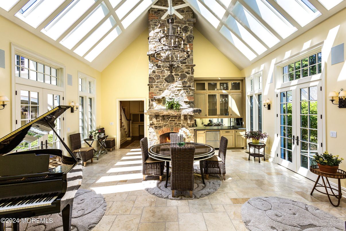 Dining room, Fireplace, Glass Ceilings, Interior, Piano, Sun Room