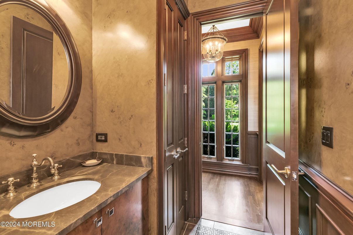 Bathroom, Chandelier, Interior, Wood Texture Flooring