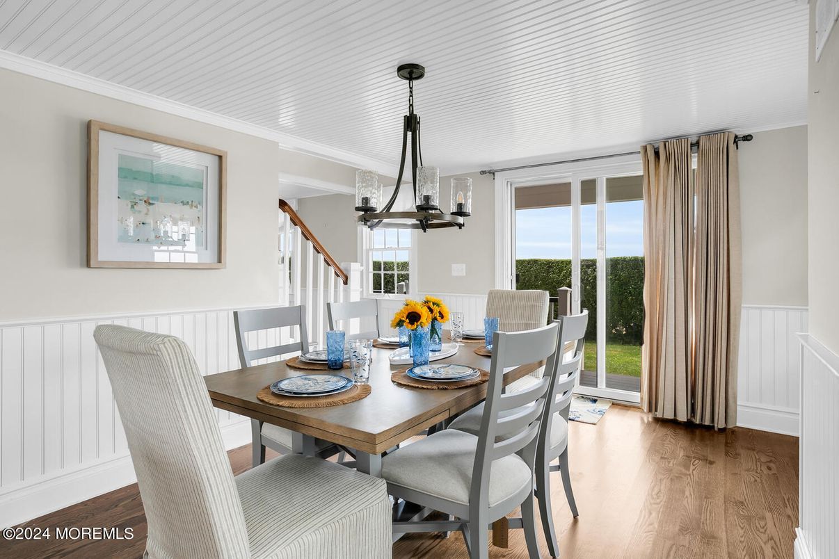 Dining room, Interior, Pendant Lights, Wood Texture Flooring