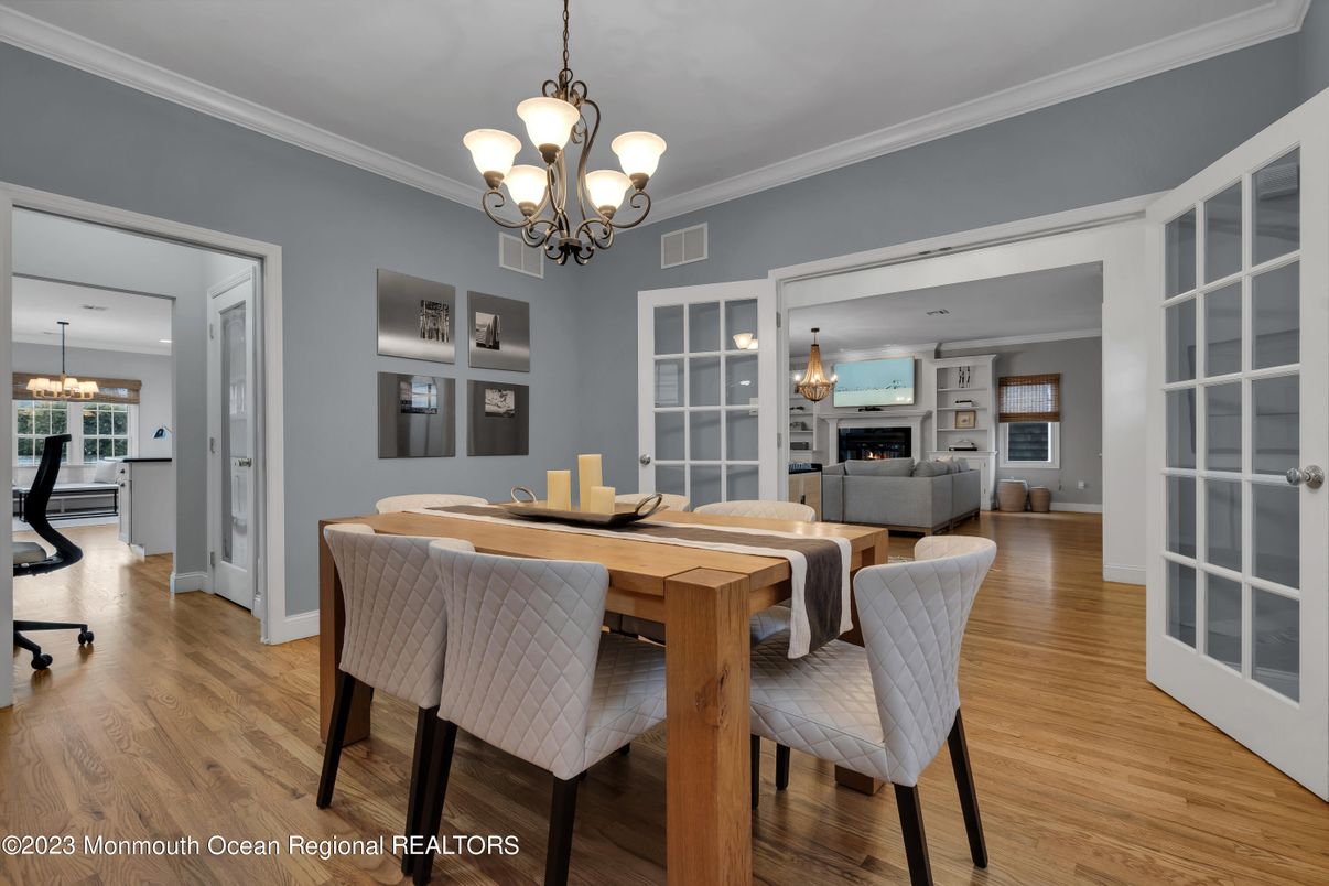 Chandelier, Dining room, Fireplace, Interior, Living room, Wood Texture Flooring