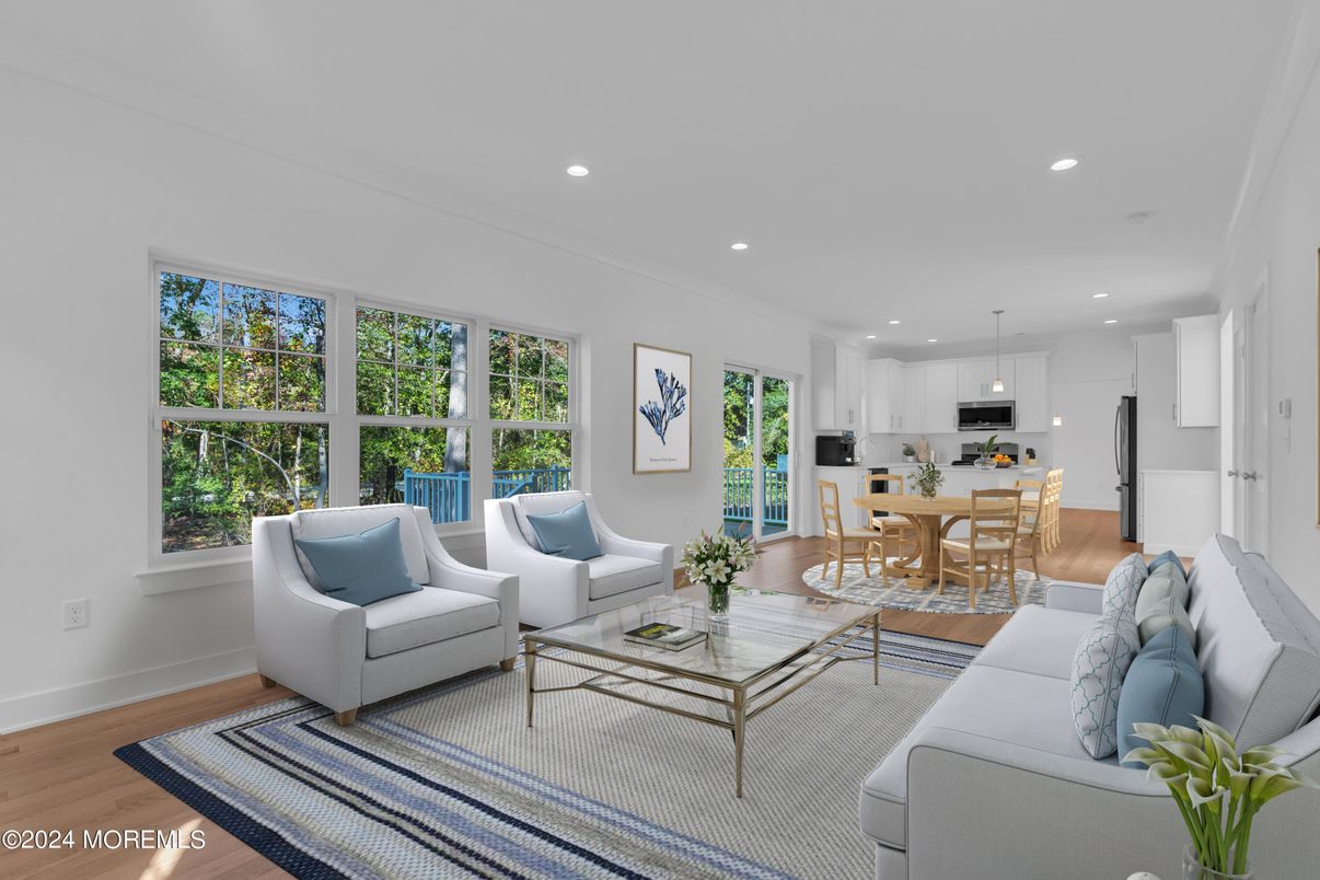 Dining room, Interior, Kitchen, Living room, Recessed Lighting, Stainless Steel Appliances, Wood Texture Flooring