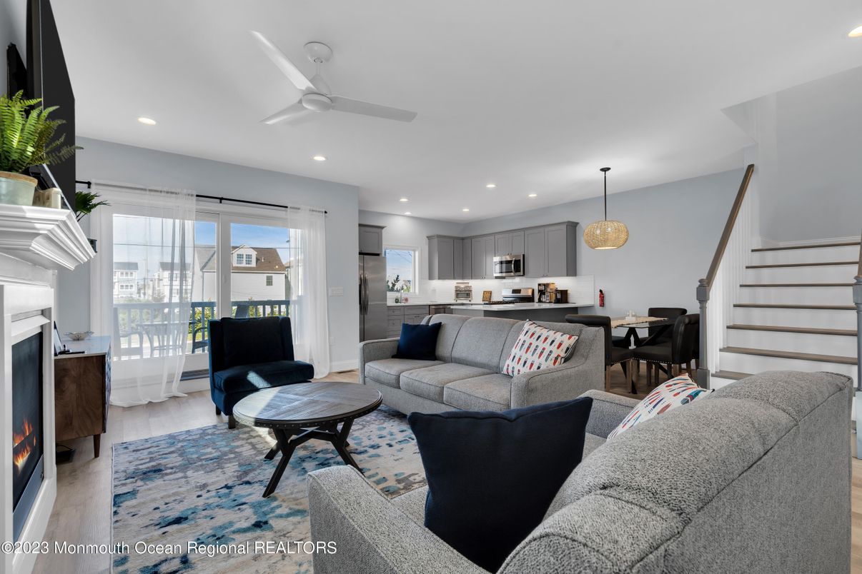 Dining room, Fireplace, Interior, Kitchen, Living room, Pendant Lights, Recessed Lighting, Stainless Steel Appliances